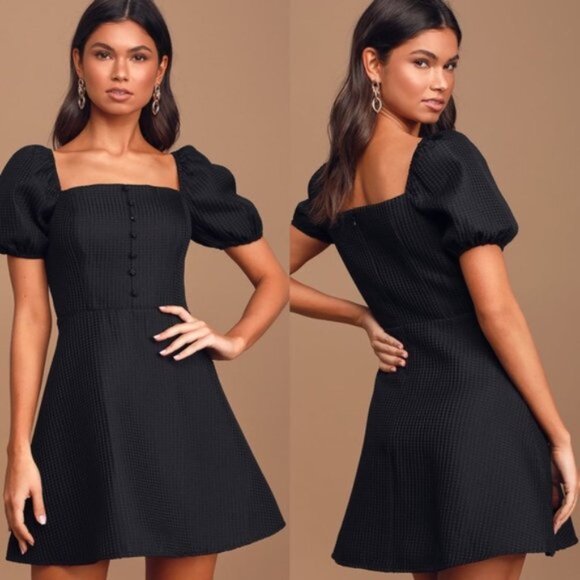 Lulus Dresses & Skirts - Lulu's Cute Crush Waffle Texture Winter Chic Puff Sleeve Mini Skater Dress Black